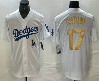 Los Angeles Dodgers #17 Shohei Ohtani White Gold Stitched Cool Base Jersey Baseball Jersey-NBA Replica Jersey -