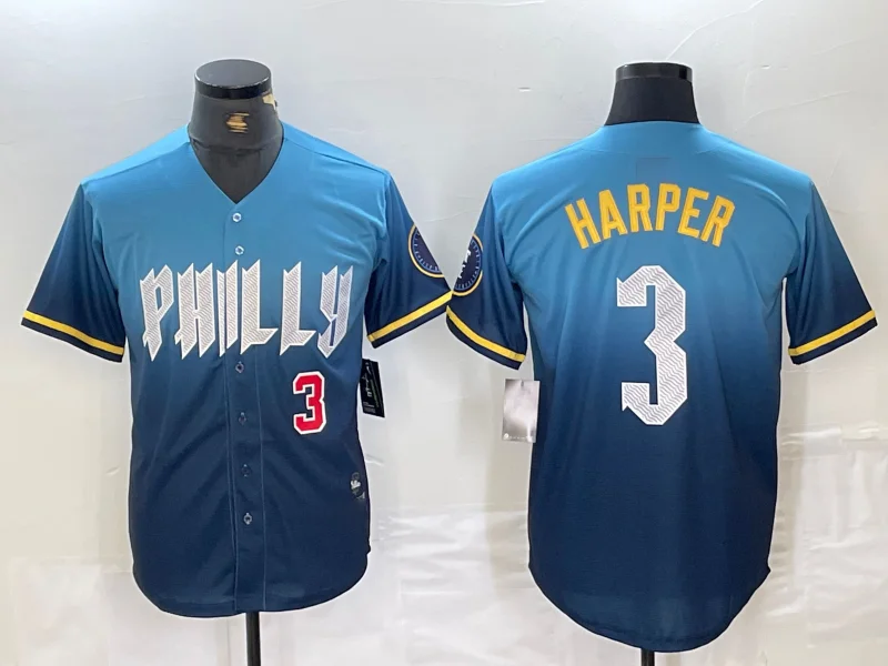 Philadelphia Phillies #3 Bryce Harper Number Blue 2024 City Connect Limited Stitched Baseball Jerseys-NBA Basketball Jersey Free Shipping -