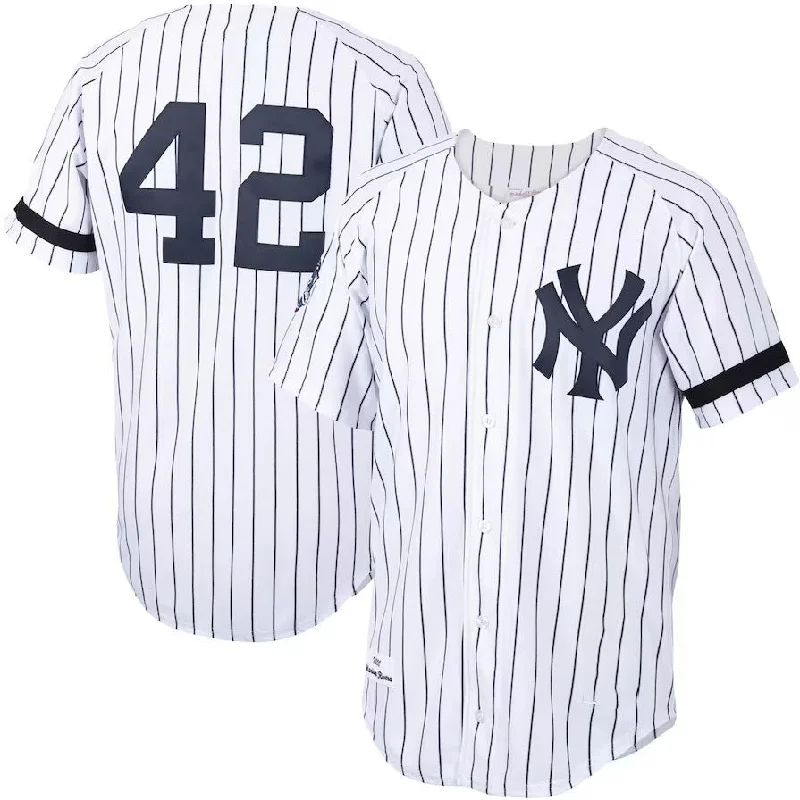 New York Yankees #42 Mariano Rivera Mitchell & Ness Home 2000 Cooperstown Collection Authentic Jersey - White/Navy Stitches Baseball Jerseys-NBA Retro NBA Team Jersey -