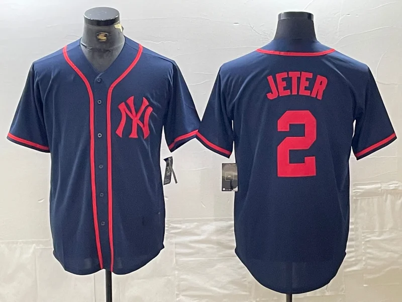 New York Yankees #2 Derek Jeter Navy Red Fashion Cool Base Baseball Jersey-NBA Team Player Jersey Sale -