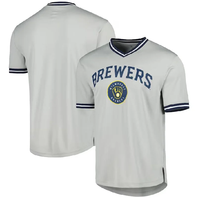 Milwaukee Brewers Gray V-Neck Jersey Baseball Jerseys-NBA NBA Basketball Jersey with Official Tags -