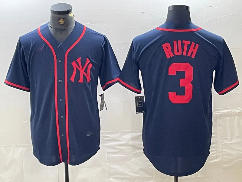 New York Yankees #3 Babe Ruth Navy Red Fashion Cool Base Baseball Jersey-NBA Player Number Jersey -