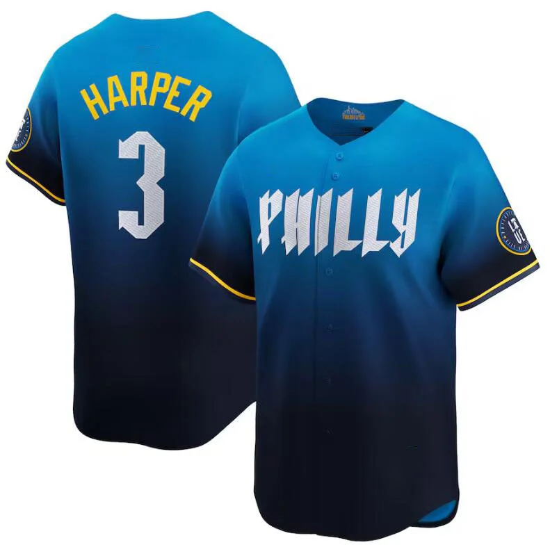 Philadelphia Phillies #3 Bryce Harper Blue 2024 City Connect Limited Stitched Baseball Jersey-NBA Custom Player Edition Jersey -