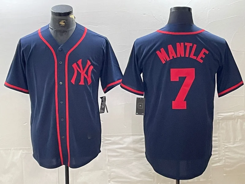 New York Yankees #7 Mickey Mantle Navy Red Fashion Cool Base Baseball Jersey-NBA NBA Championship Jersey -