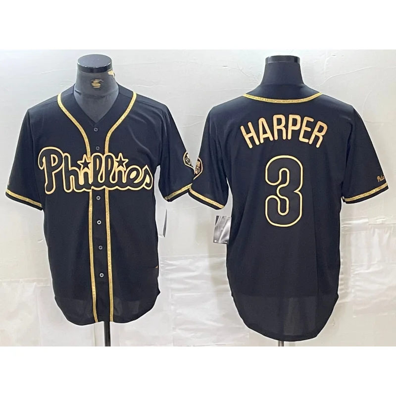 Philadelphia Phillies #3 Bryce Harper Black Gold Cool Base Stitched Baseball Jersey-NBA Retro Player Edition Jersey -