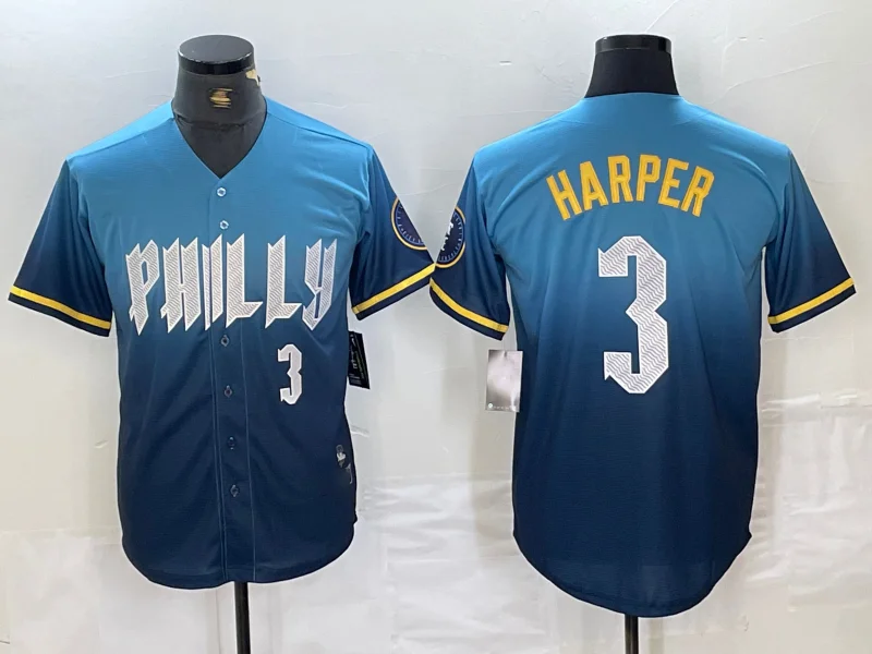 Philadelphia Phillies #3 Bryce Harper Number Blue 2024 City Connect Limited Stitched Baseball Jerseys-NBA Jersey with Embroidered Logo -